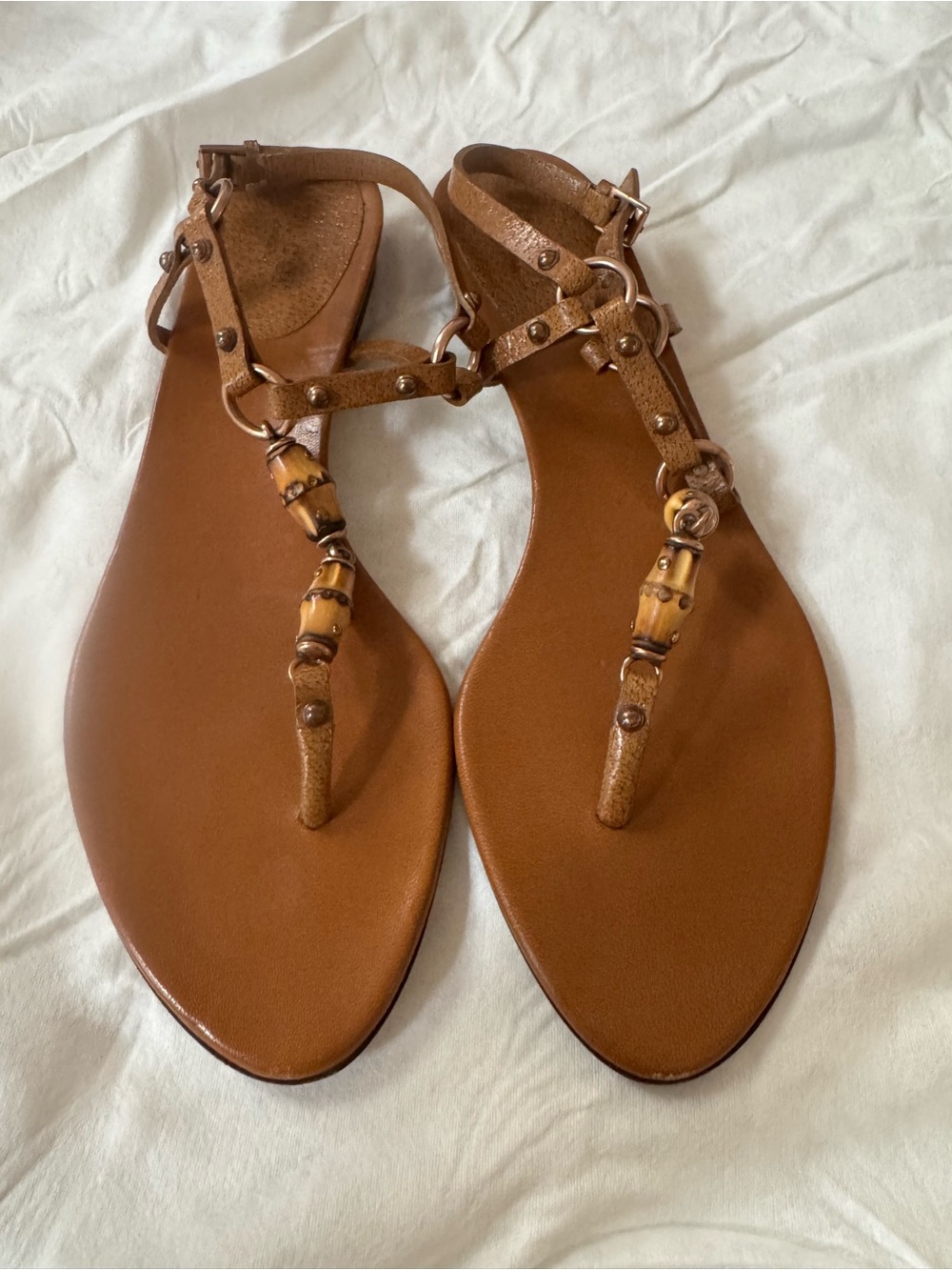 GUCCI Brown Authentic Leather Bamboo Embellished Flat Thong Sandals 37.5